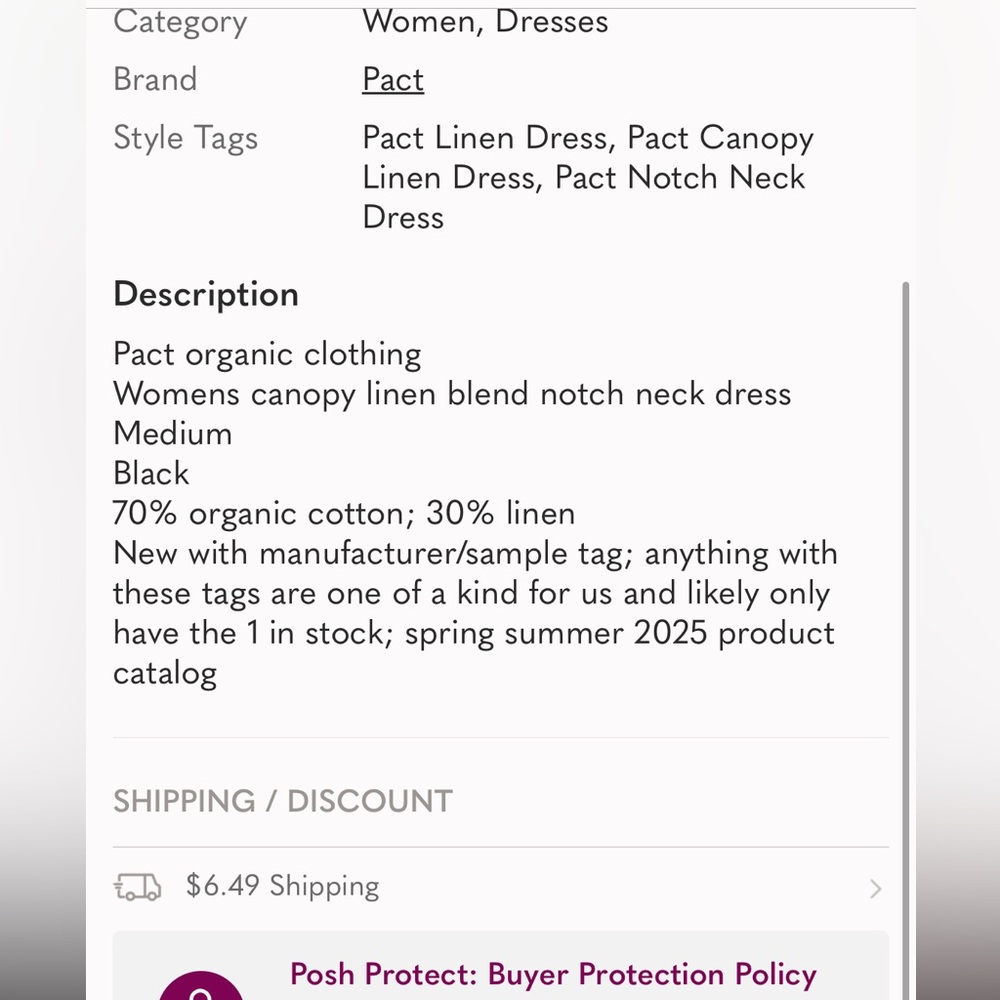 Pact Organic Anthropologie Women’s Canopy Notch Neck Dress Linen Cotton Black - Picture 11 of 11